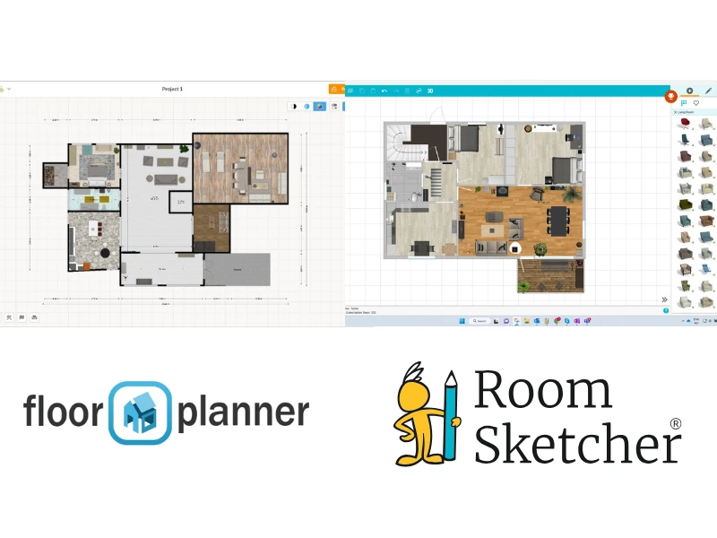 Floorplanner vs RoomSketcher. Competitor comparison between the two floor plan software user interfaces. On the left side of the image is a screeenshot of the Floorplanner user interface. It shows a top-view of a 2D drawing of a floor plan, displaying colors, measurements, and flooring materials. Below the floor plan is the Floorplanner logo. On the right side of the image is a screenshot of the RoomSketcher user interface. It shows a top-view of a drawing of a 2D floor plan displaying colors and flooring materials. On the left side in the user interface is a view of the furniture library. Below the screenshot of the user interface is the RoomSketcher logo.