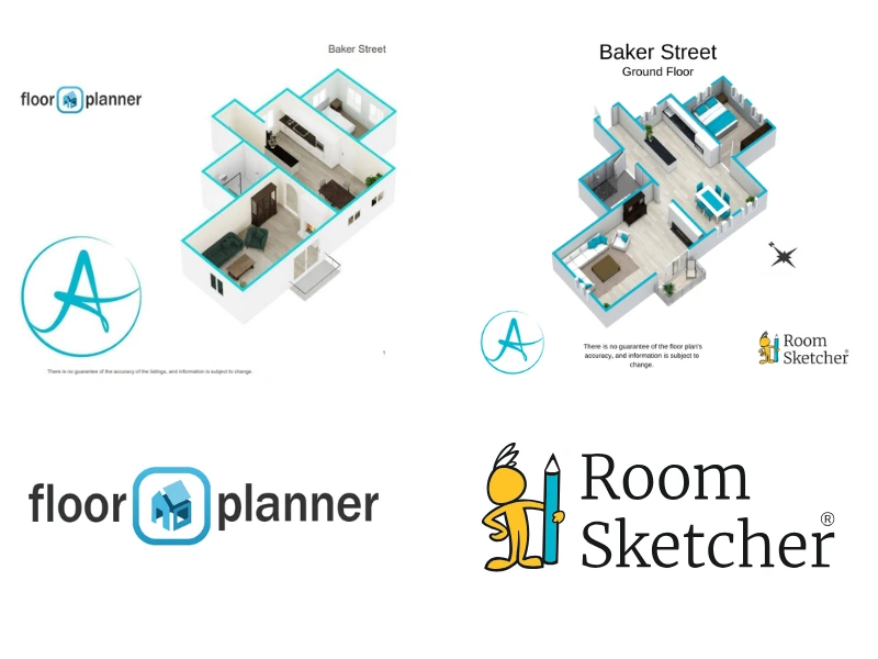 Floorplanner vs RoomSketcher. A comparison between the two floor plan software branded 3D floor plans. On the left side of the image is an example of a branded 3D floor plan from Floorplanner. Below the floor plan is the Floorplanner logo. On the right side of the image is a branded 3D floor plan made with RoomSketcher. Below the floor plan is the RoomSketcher logo.