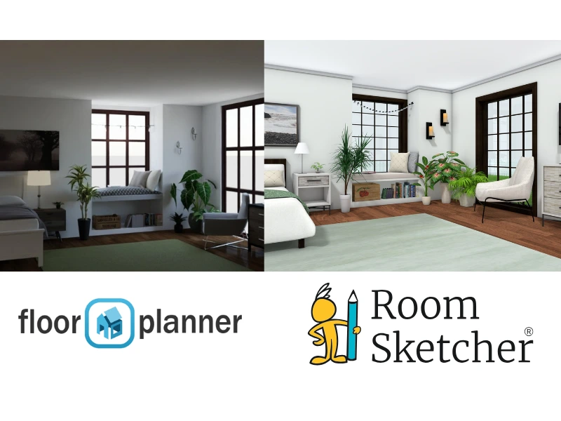Floorplanner vs RoomSketcher. Comparison of the two floor plan software 3D Photos. On the left side of the image is a 3D image made with Floorplanner. It shows a bedroom with built-in furniture, a bed, a chair, plants, and decorations. Below the 3D image is the Floorplanner logo. On the right side of the image is a 3D Photo made with RoomSketcher. It shows a bedroom with built-in furniture, a bed, a chair, plants, and decorations. Below the 3D Photo is the RoomSketcher logo.