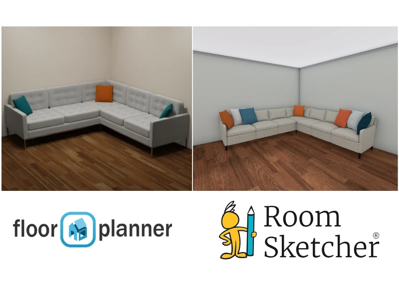 Floorplanner vs RoomSketcher. Comparison between the two floor plan software furniture materials. On the left side of the image is a screenshot of a white sofa with cushions placed in a room in Floorplanner. Below the screenshot is the Floorplanner logo. On the right side is a screenshot of a white sofa with cushions placed in a room in RoomSketcher. Below the screenshot is the RoomSketcher logo.