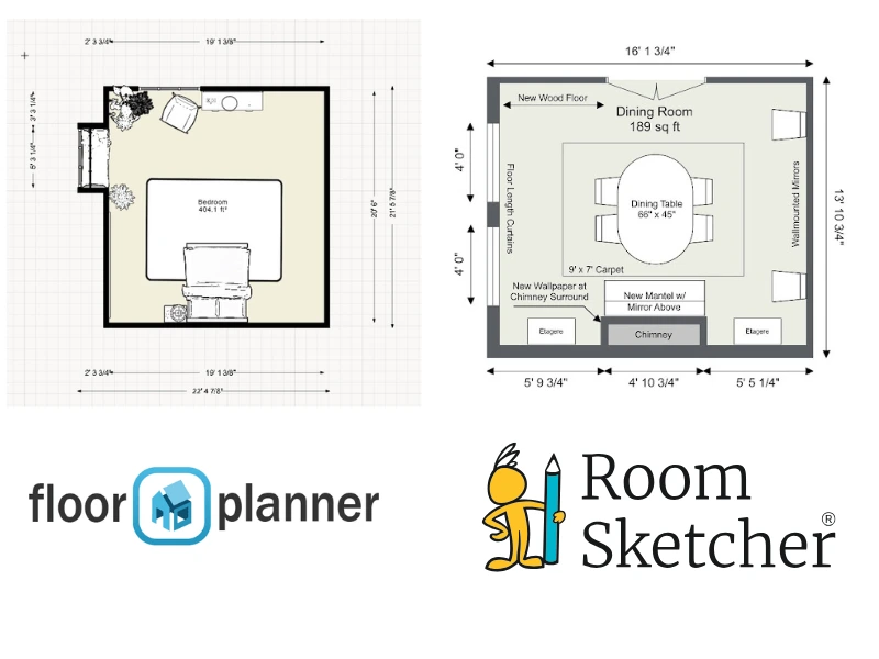 Floorplanner vs RoomSketcher. Comparison between the two floor plan software with measurements. On the left side of the image is a 2D floor plan with measurements made with Floorplanner. Below the floor plan is the Floorplanner logo. On the right side of the image is a 2D floor plan with measurements made with RoomSketcher. Below the floor plan is the RoomSketcher logo.