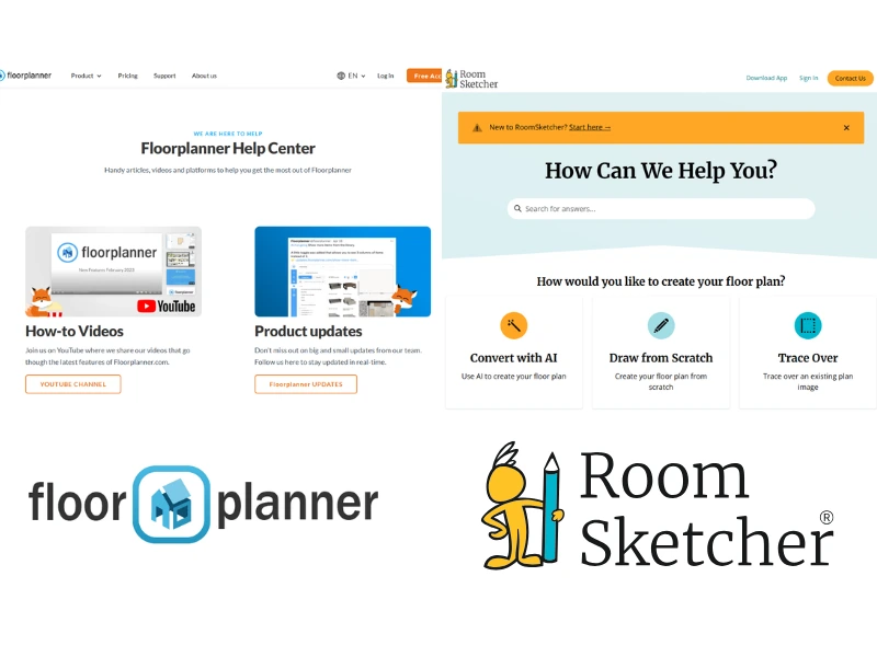 Floorplanner vs RoomSketcher. Comparison between the two software Help Centers. On the left side of the image is a screenshot of the Floorplanner Help Center. Below the screenshot is the Floorplanner logo. On the right side of the image is the RoomSketcher Help Center. Below the screenshot is the RoomSketcher logo.