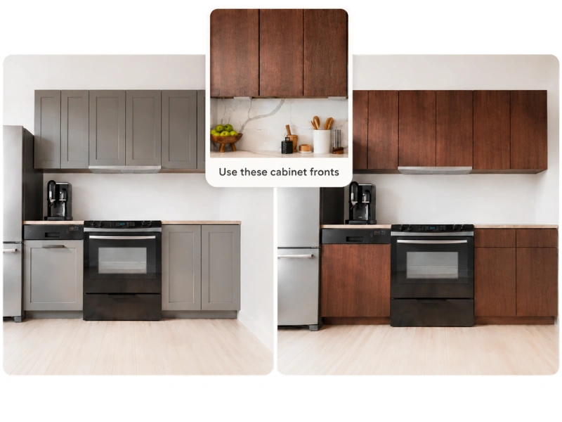 Kitchen cabinet fronts changed from gray to warm wood using a reference image.
