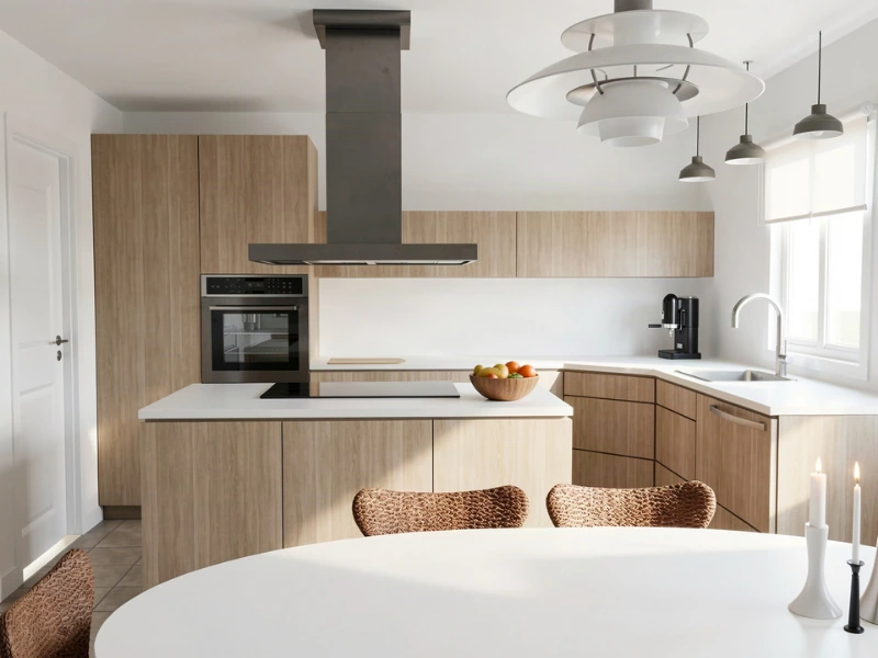 Photorealistic kitchen with light wood cabinetry, white countertops, a peninsula, and pendant lighting.