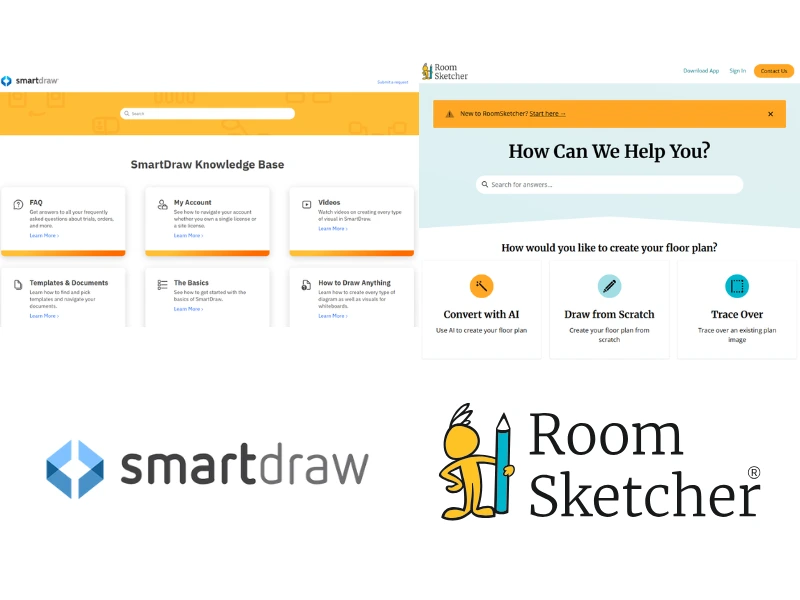 SmartDraw vs RoomSketcher. The image shows a comparison between the two software Help Centers. On the left side is a screenshot of the SmartDraw Knowledge Base. Below the screenshot is the SmartDraw logo. On the right side of the image is a screenshot of the RoomSketcher Help Center. Below the screenshot is the RoomSketcher logo.