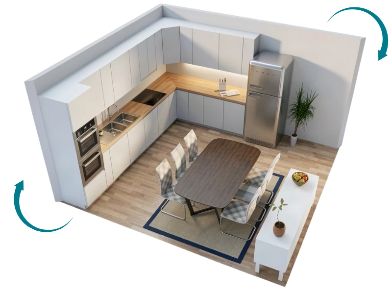 3D kitchen floor plan showing an L-shaped kitchen with dining area, viewed from an angled perspective.