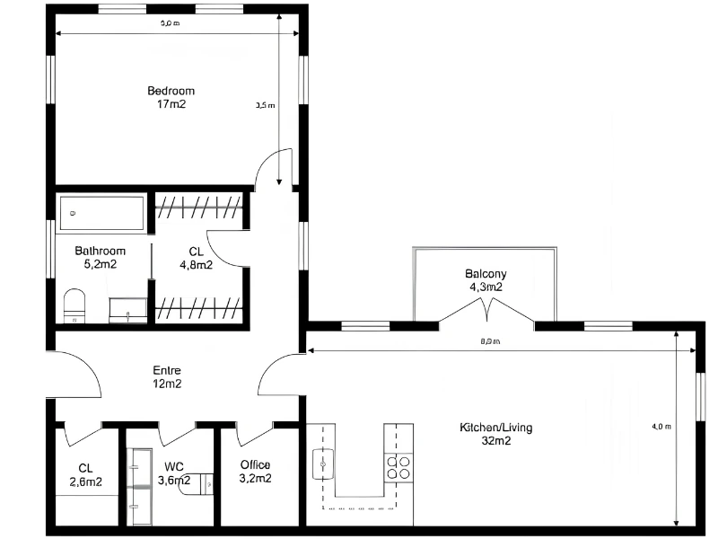 Floor plan of a one-bedroom apartment with kitchen/living area, balcony, bathroom, office, WC, closets, and measurements.