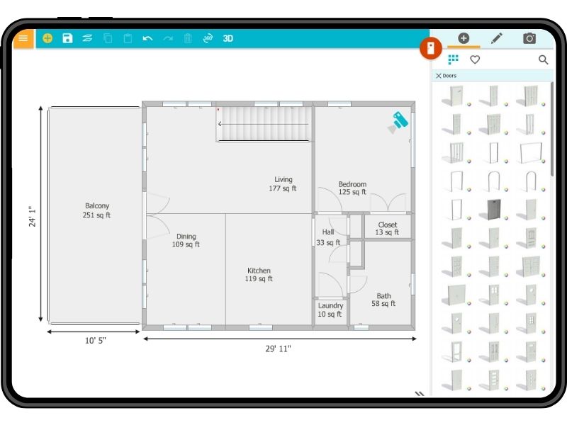 Floor plan being drawn using the RoomSketcher app on an Android tablet.