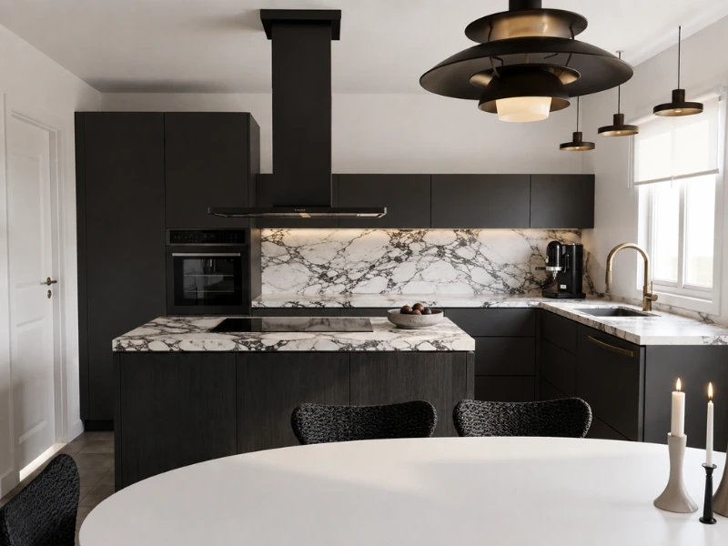 Photorealistic kitchen with dark cabinetry, marble countertops and backsplash, an island, and pendant lighting.