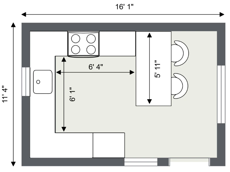 2D kitchen layout with measurements showing counters, sink, stove, island, and seating.