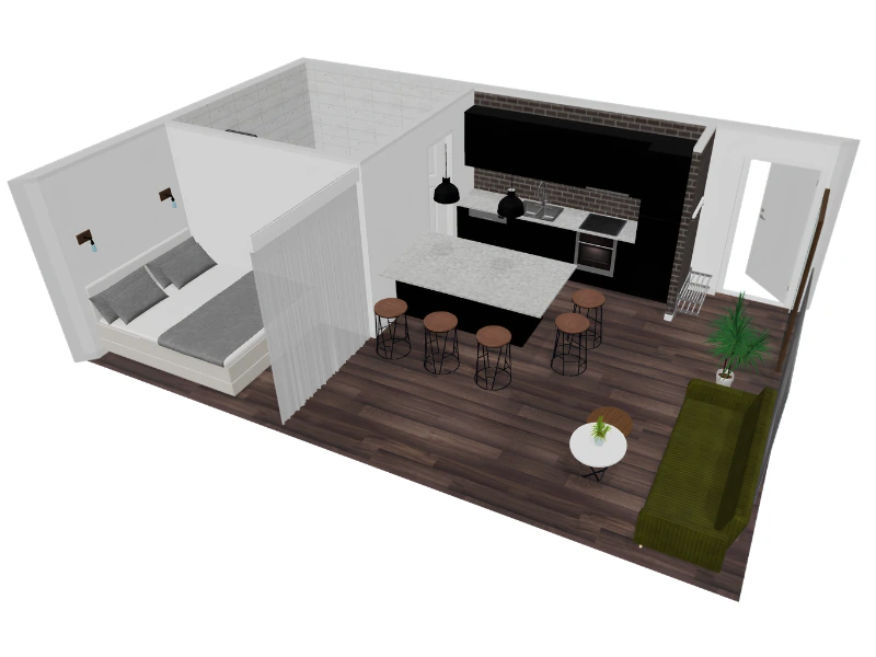 3D floor plan rendering of a compact apartment with a bedroom, kitchen island with stools, dark wood flooring, green sofa, small round table, and entryway.