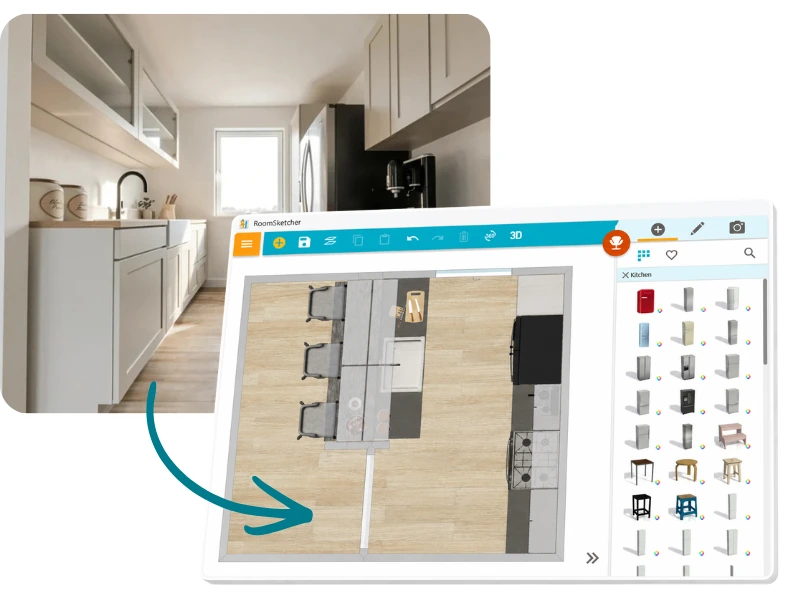 Kitchen design shown as a realistic 3D view alongside the editable kitchen layout in the RoomSketcher app.