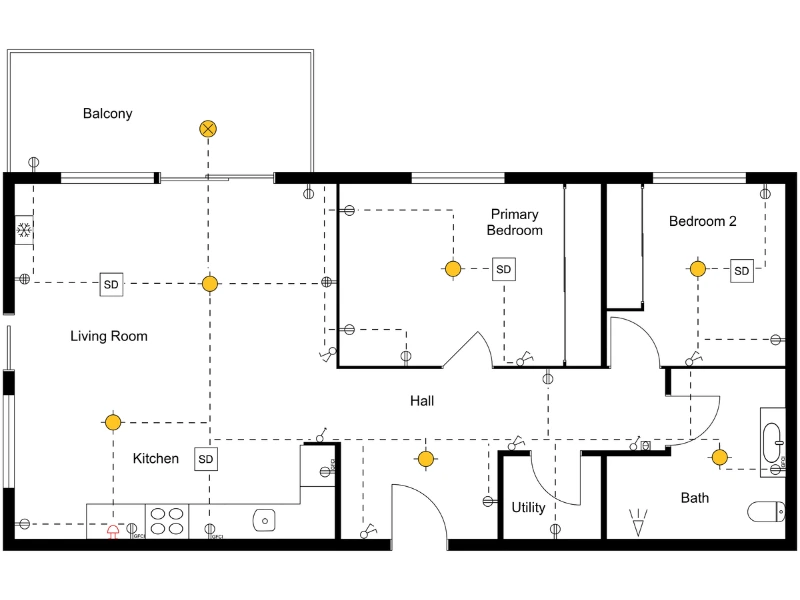 Electrical floor plan of an apartment showing the living room, kitchen, balcony, primary bedroom, bedroom 2, hall, utility room, and bathroom, with lighting fixtures, switches, outlets, smoke detectors, and wiring connections marked using standard electrical symbols.