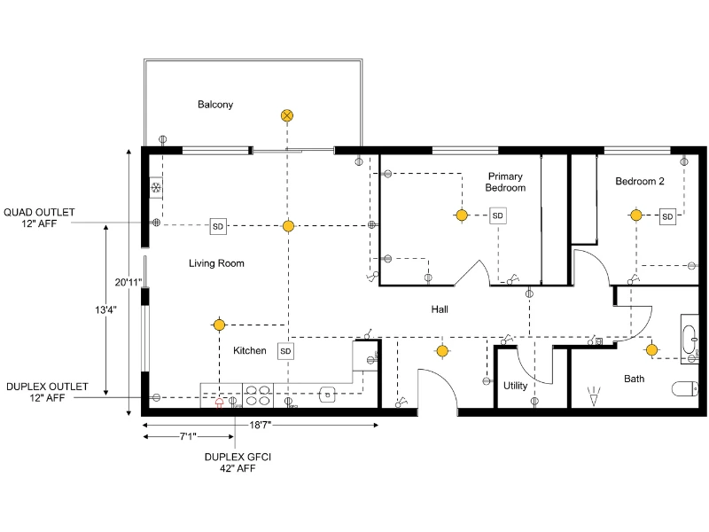 Electrical floor plan of an apartment with labeled rooms including living room, kitchen, balcony, primary bedroom, bedroom 2, hall, utility, and bath. The drawing shows lighting fixtures, switches, outlets, smoke detectors, wiring connections, and added measurements for outlet heights and wall distances, including quad outlet 12 inches above finished floor (AFF), duplex outlet 12 inches AFF, and duplex GFCI 42 inches AFF.