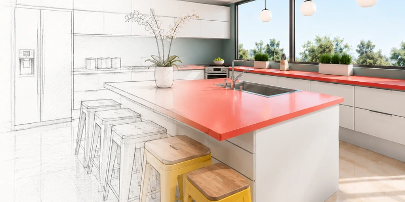 Kitchen design transitioning from a hand-drawn sketch to a realistic 3D view with a coral island countertop and yellow stools.