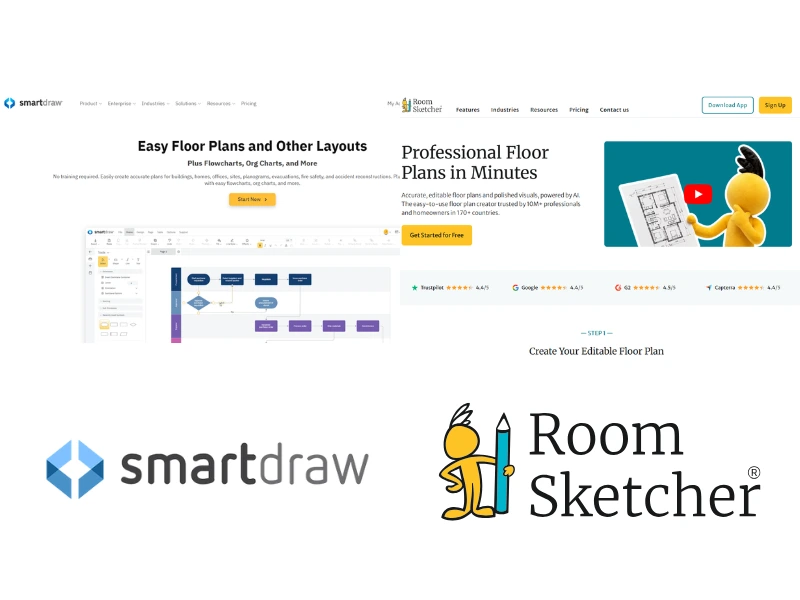 SmartDraw vs RoomSketcher. The image shows a screenshot of the two software home pages. On the left there is a screenshot of SmartDraw's home page. Below the screenshot is the SmartDraw logo. On the right side of the image there is a screenshot of RoomSketcher's home page. Below the screenshot is the RoomSketcher logo.