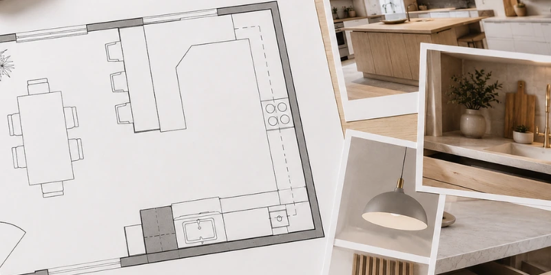 Kitchen floor plan beside photorealistic images showing cabinetry, lighting, and material details.