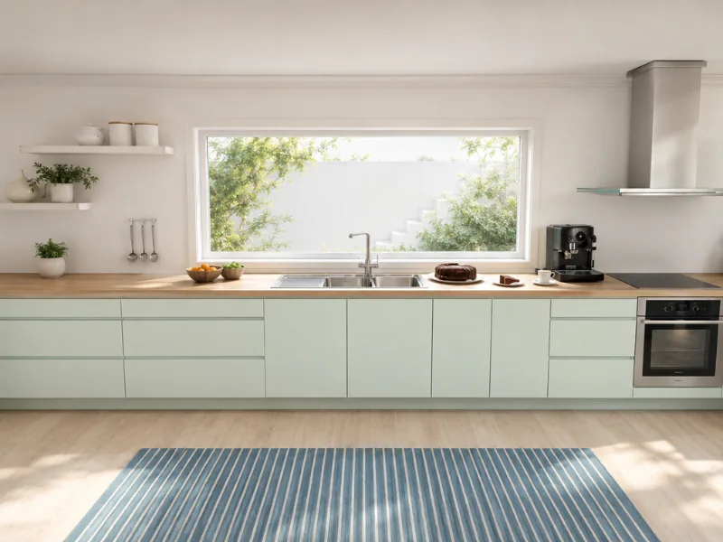 Light green kitchen cabinets beneath a wide window, with a wood countertop, double sink, and built-in oven.