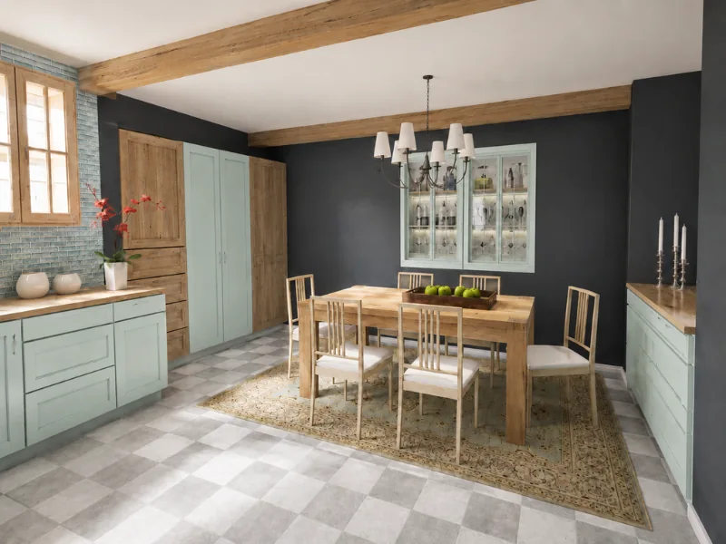 Rustic kitchen dining area with pale green cabinets, a wood table, exposed beams, and dark charcoal walls.