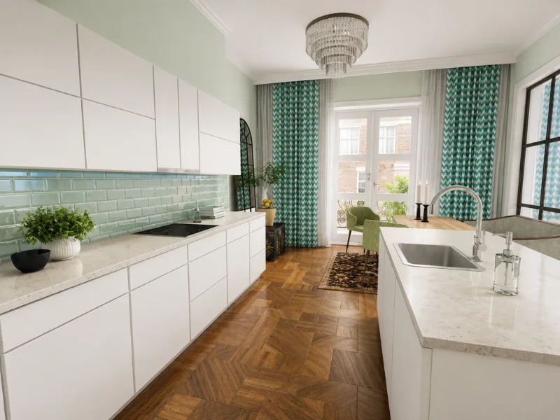 White galley kitchen with a mint green tile backsplash, patterned curtains, and herringbone wood flooring.