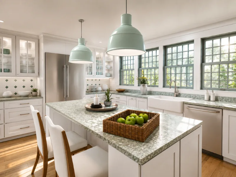 Bright white kitchen with a large island, green pendant lights, farmhouse sink, and black-framed windows.