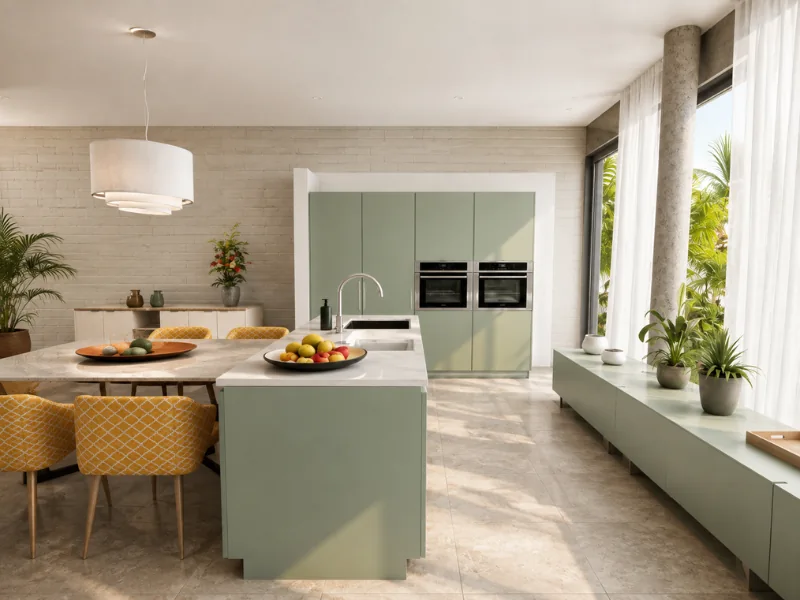Modern sage green kitchen with a central island, built-in ovens, dining table, and floor-to-ceiling windows.