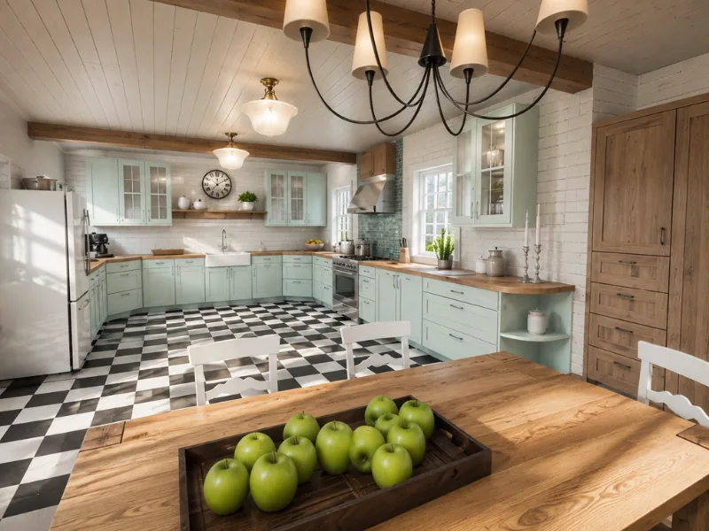 Country kitchen with pale green cabinets, wood countertops, exposed beams, and a black-and-white checkered floor.
