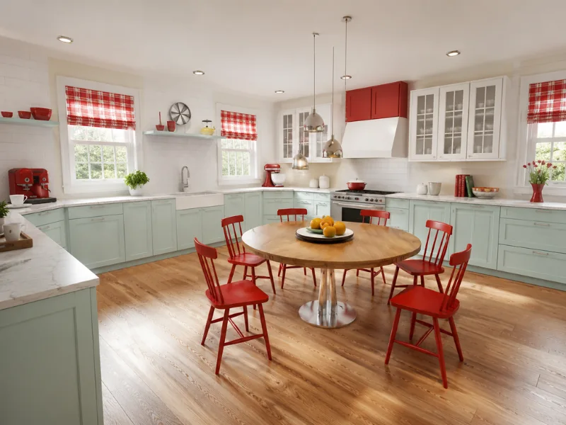 Pale green kitchen with a round dining table, red chairs, plaid blinds, and white glass-front cabinets.