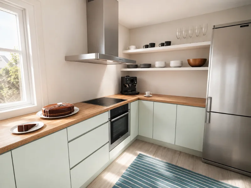 Compact L-shaped kitchen with pale green cabinets, wood countertops, open shelves, and stainless steel appliances.