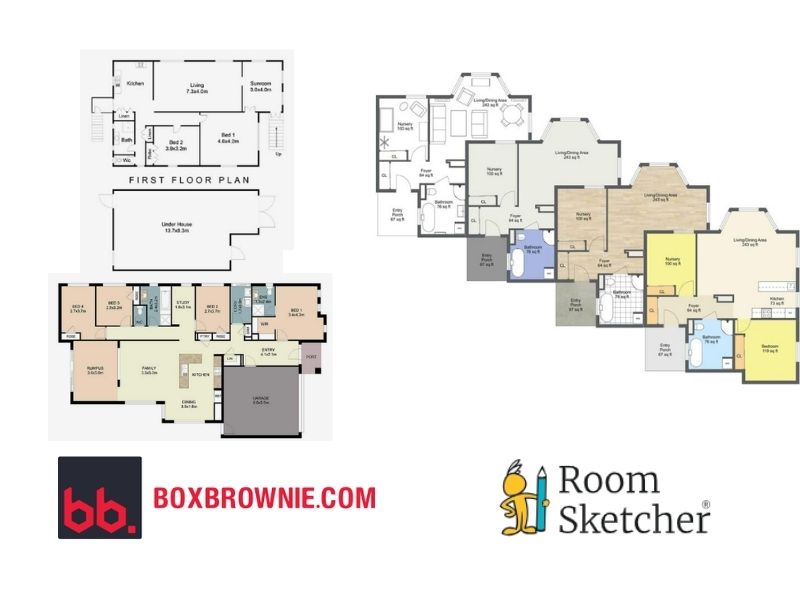 BoxBrownie.com vs RoomSketcher 2D floor plan comparison. The left side of the image shows two different types of 2D floor plan made with BoxBrownie.com. The one on the top is in black-and-white and the one on the bottom is colored. Below the two floor plans is the BoxBrownie.com logo. On the right side of the image are four different types of floor plans made with RoomSketcher. One black-and-white, one default color, one showing materials, and one being color-coded. Below the floor plans is the RoomSketcher logo.