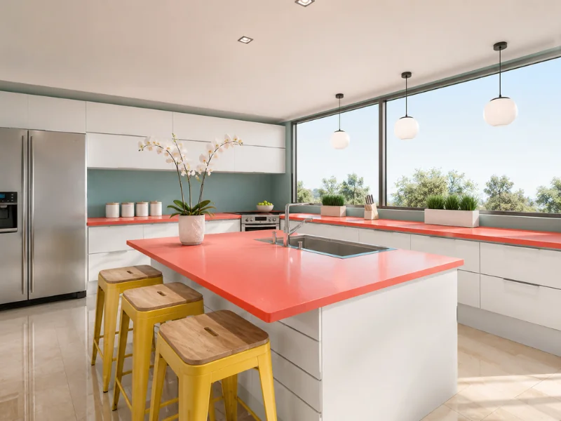 Modern white kitchen with coral countertops, a large island, yellow bar stools, stainless steel appliances, and floor-to-ceiling windows.