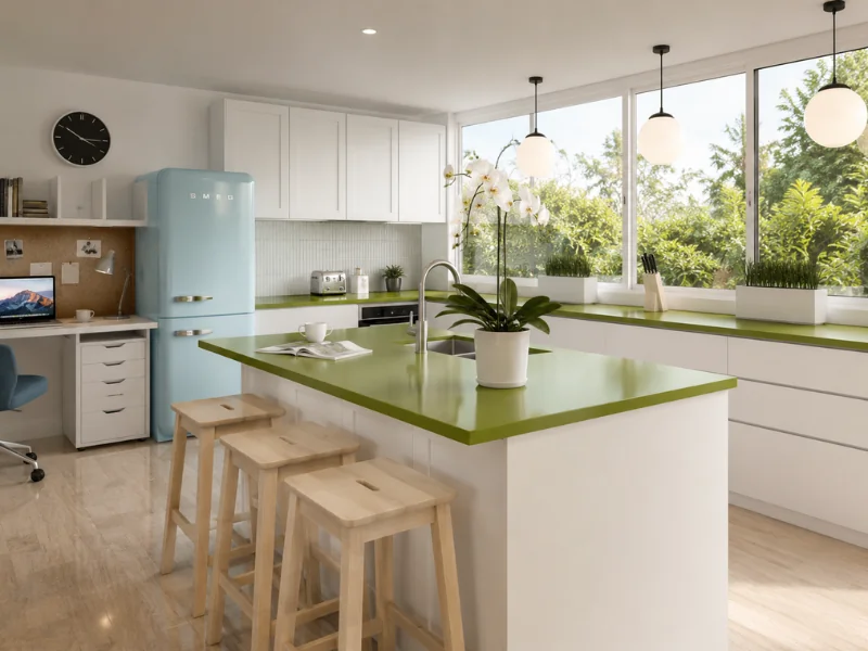 Bright white kitchen with green countertops, a central island, wooden stools, a pale blue refrigerator, large windows, and a compact home office.