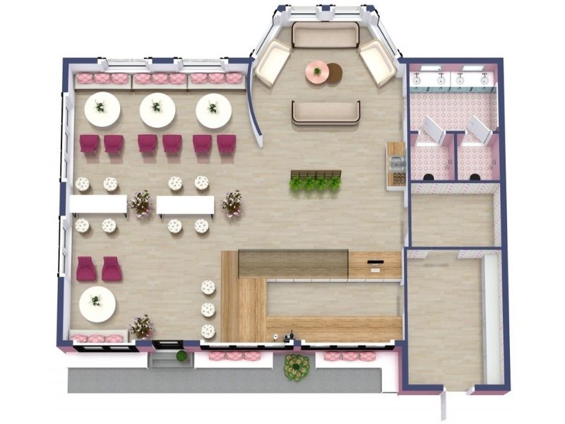 3D floor plan of a stylish coffee shop layout. The design includes round and rectangular tables with pink chairs and bench seating along the walls, potted plants for decoration, and a cozy lounge area with sofas near the bay windows.