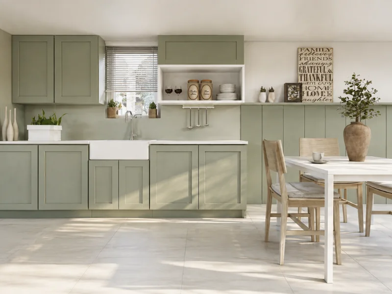 Bright sage green kitchen with a farmhouse sink, white dining table, wooden chairs, open shelving, and decorative plants.