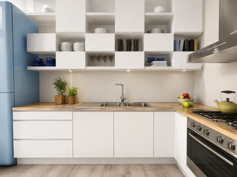 Compact white kitchen with open shelving, wooden countertops, a blue refrigerator, stainless steel sink, and gas range.