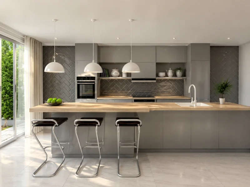 Modern gray kitchen with a large wood-topped island, three bar stools, pendant lights, built-in appliances, and dark tiled backsplash.