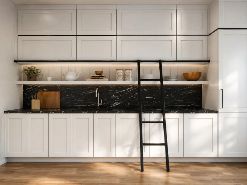 White kitchen with black marble countertops and backsplash, open shelving, upper cabinets, wood flooring, and a black rolling ladder.