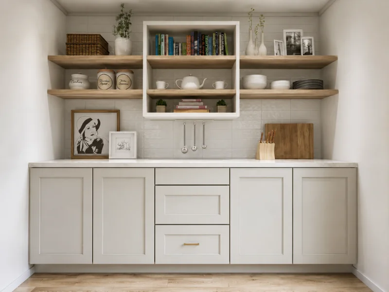 Neutral kitchen with light gray cabinets, open wooden shelves, white tile backsplash, framed artwork, and neatly arranged tableware.