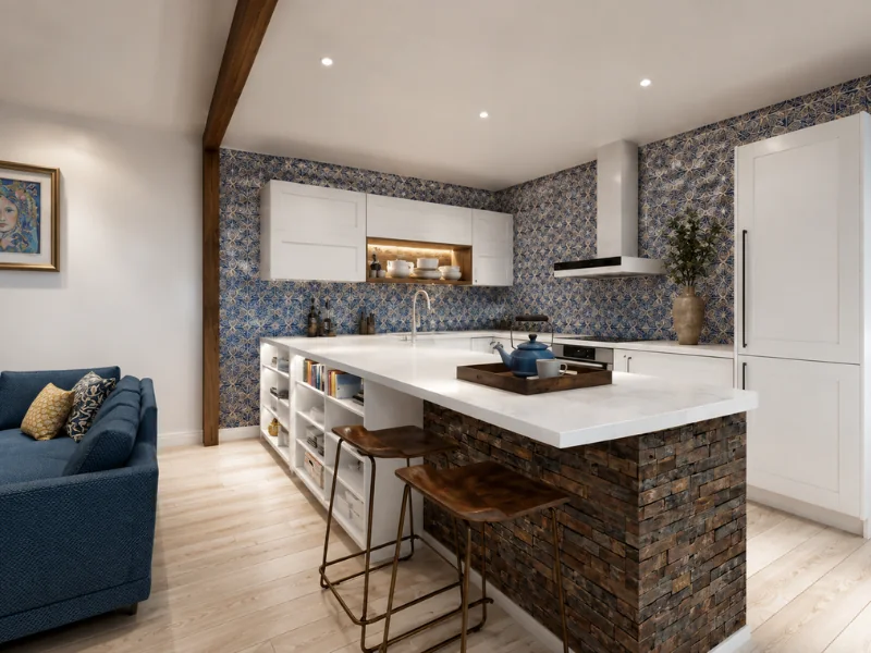 Open kitchen with blue patterned walls, white cabinets, a brick-sided island, wooden bar stools, and an adjoining blue sofa.