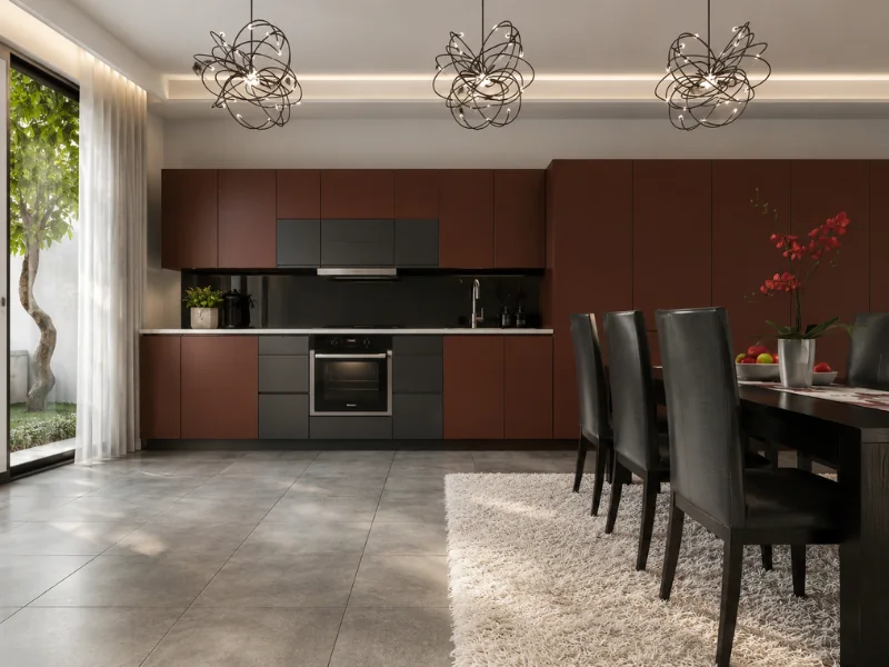 Contemporary kitchen and dining room with dark red cabinets, black accents, sculptural pendant lights, a black dining table, and garden doors.