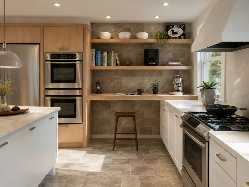 Warm wood and white kitchen with built-in stainless steel appliances, open shelves, a tiled coffee nook, and a gas range.