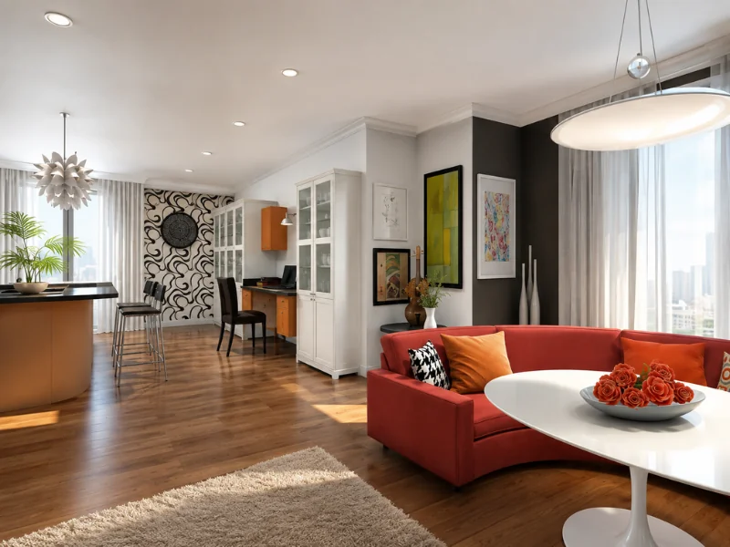 Bright open-plan living space with a curved red sofa, white dining table, orange kitchen island, home office area, and floor-to-ceiling windows.
