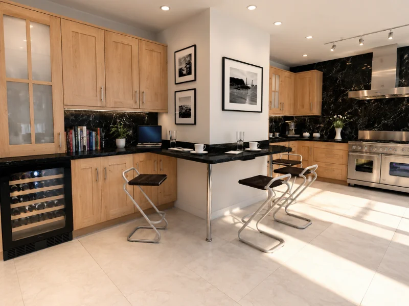 Spacious wood kitchen with black marble countertops and backsplash, breakfast bar seating, stainless steel appliances, and a wine cooler.