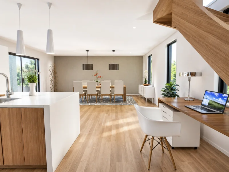 Modern open-plan interior with a white kitchen island, dining area, built-in wood desk, light flooring, and large black-framed windows.