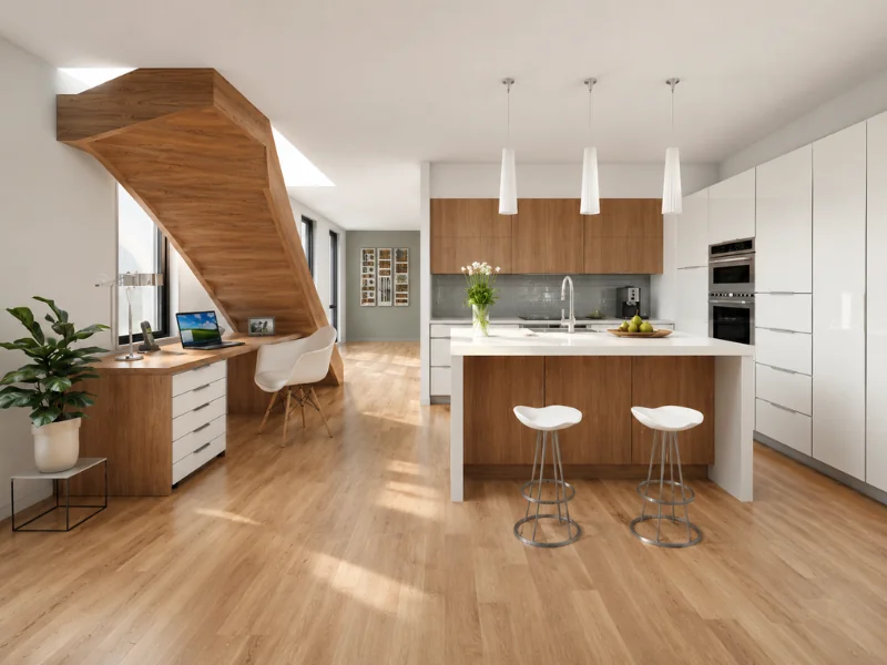 Modern wood and white kitchen with a central island, two bar stools, pendant lights, built-in appliances, and a desk beneath the staircase.