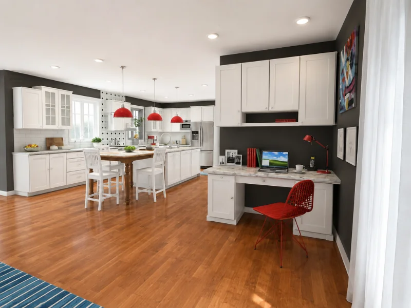 Bright white kitchen with red pendant lights, a wooden dining table, built-in home office desk, red chair, and dark gray walls.