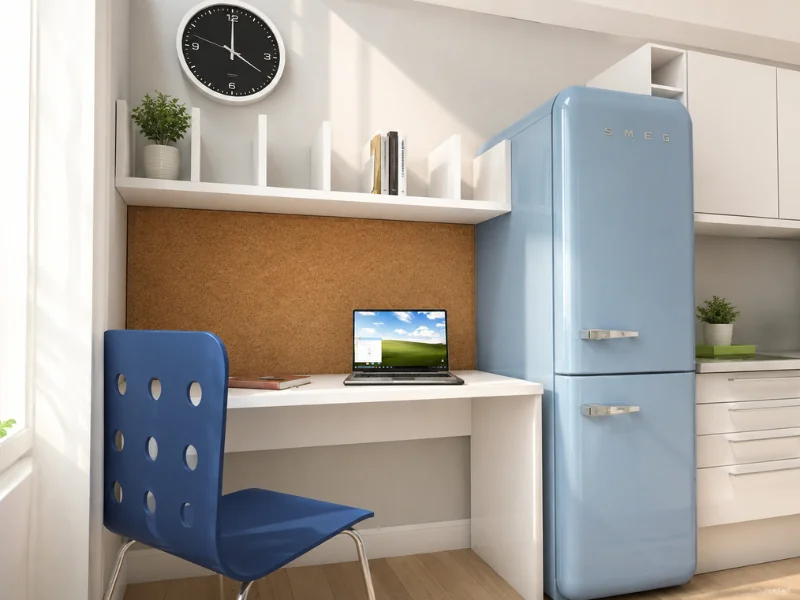 Compact home office with a white desk, blue chair, corkboard wall, laptop, shelving, and a retro pale blue refrigerator.