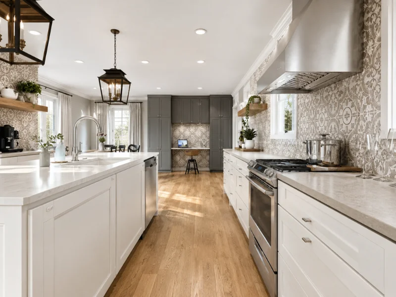 Bright white kitchen with patterned tile walls, a large island, stainless steel appliances, lantern pendant lights, and a built-in desk nook.