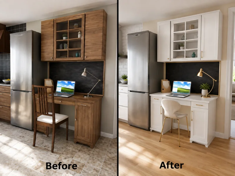 Side-by-side before-and-after view of a kitchen home office updated from dark wood cabinetry to white cabinets with gold accents.