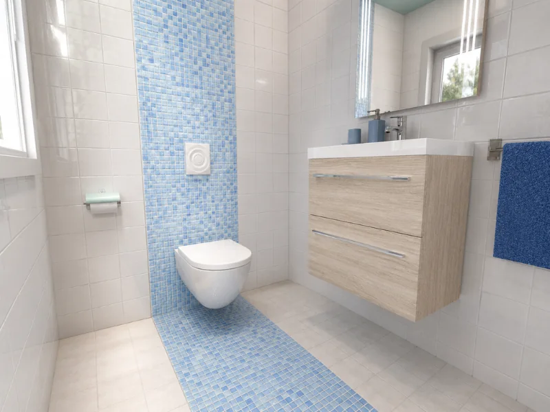 Bright white bathroom with a blue mosaic tile feature strip, wall-mounted toilet, floating wood vanity, large mirror, and blue towels.